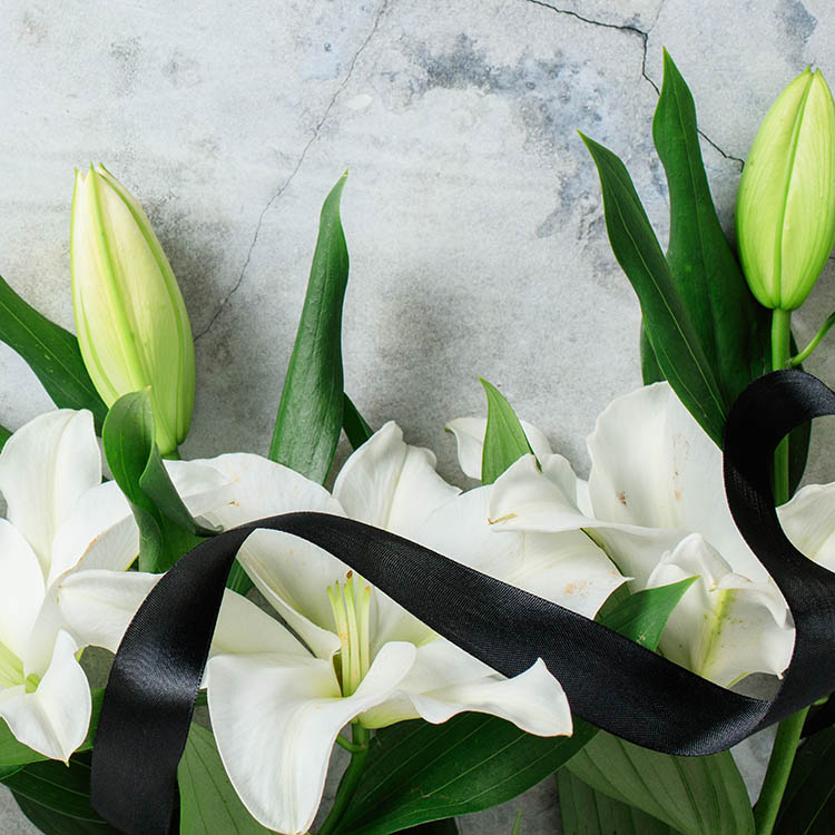 White lily flowers and green buds intertwined with a flowing black ribbon against a stone background.